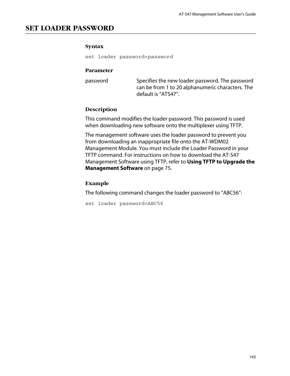 Set loader password | Allied Telesis AT-S47 User Manual | Page 143 / 154