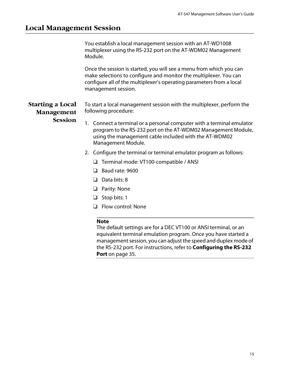 Local management session, Starting a local management session | Allied Telesis AT-S47 User Manual | Page 15 / 154