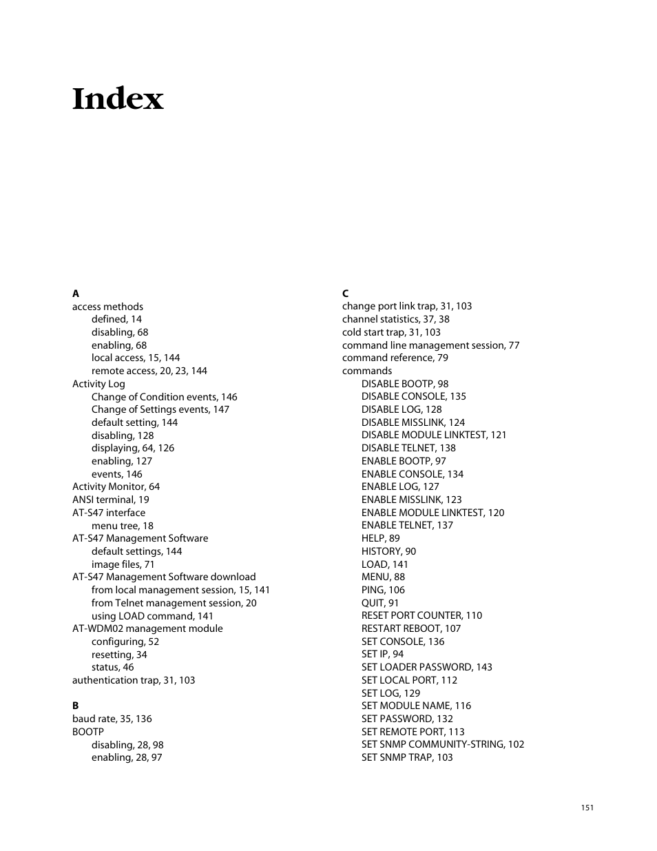 Index | Allied Telesis AT-S47 User Manual | Page 151 / 154