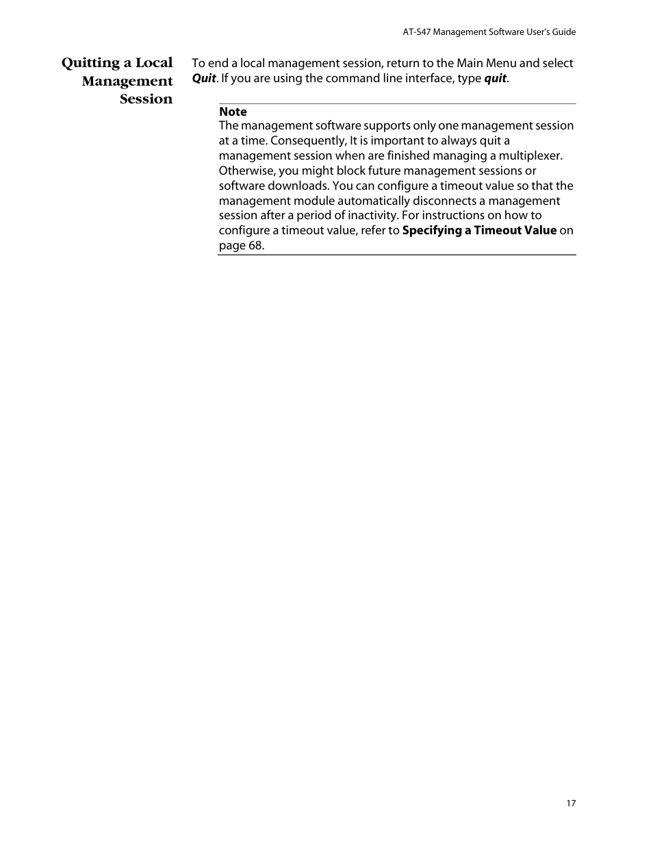 Quitting a local management session | Allied Telesis AT-S47 User Manual | Page 17 / 154
