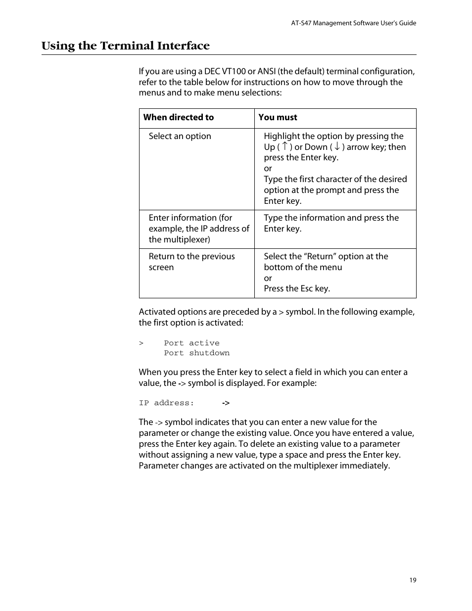 Using the terminal interface | Allied Telesis AT-S47 User Manual | Page 19 / 154