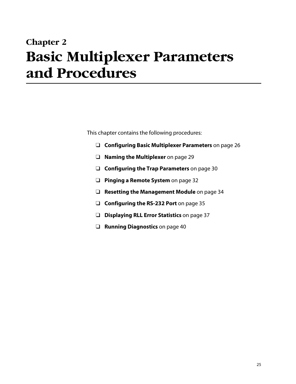 Basic multiplexer parameters and procedures on, Basic multiplexer parameters and procedures, Chapter 2 | Allied Telesis AT-S47 User Manual | Page 25 / 154