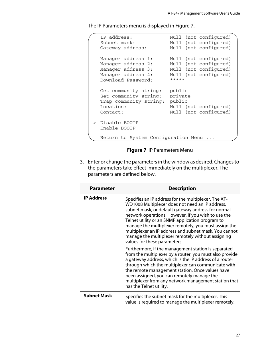 Figure 7, Ip parameters menu | Allied Telesis AT-S47 User Manual | Page 27 / 154