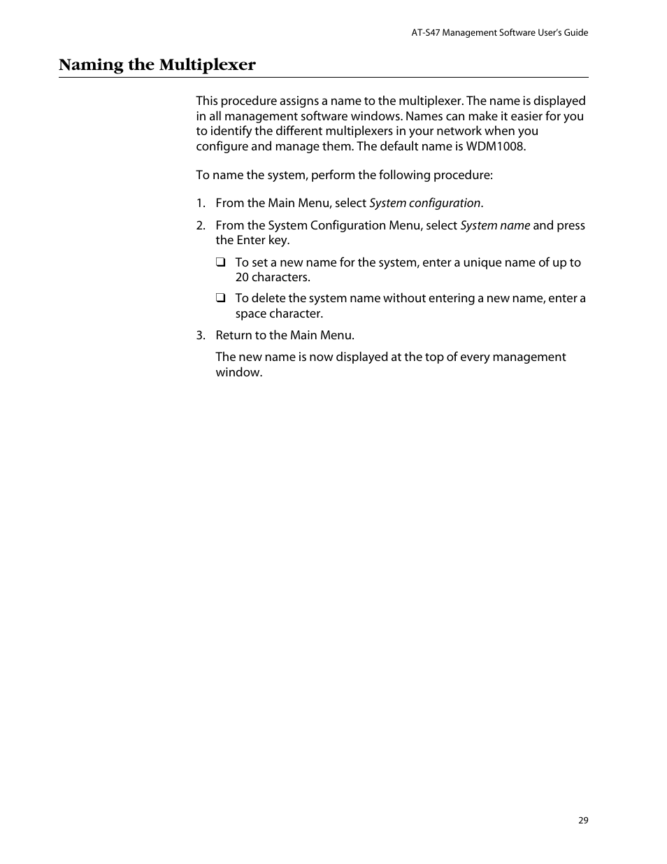 Naming the multiplexer | Allied Telesis AT-S47 User Manual | Page 29 / 154