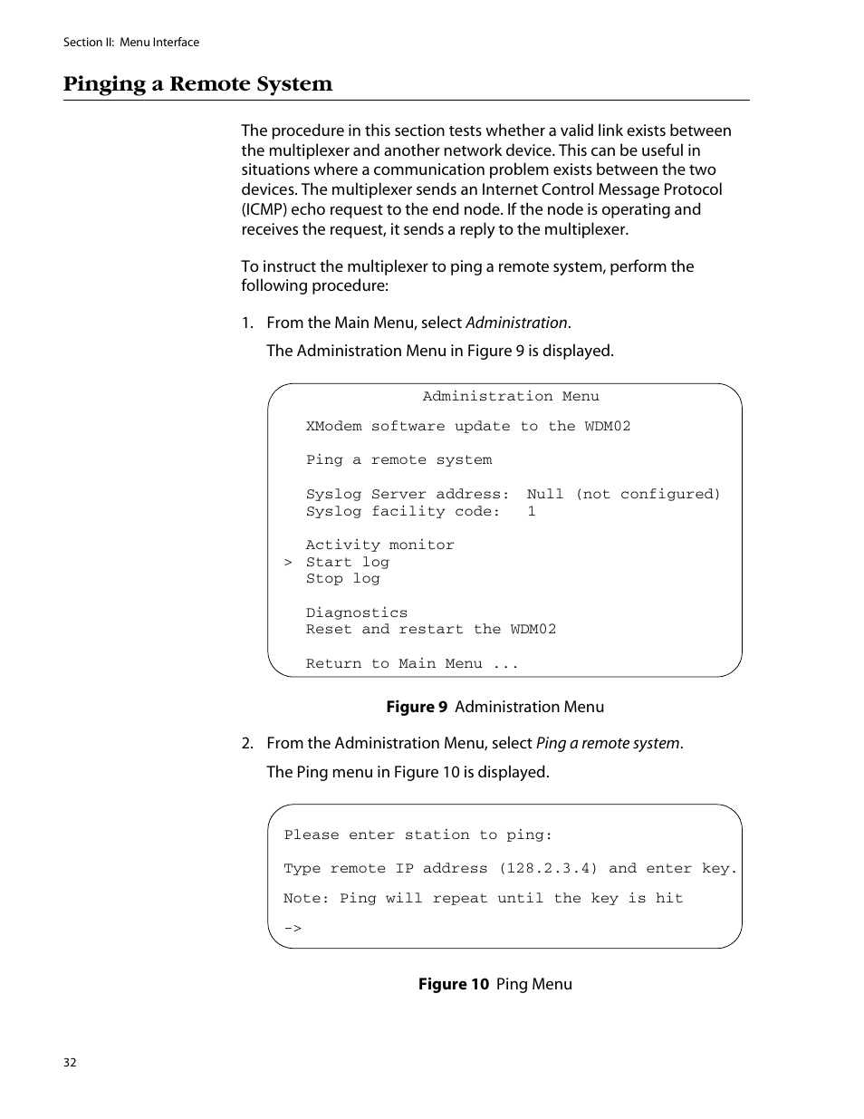 Pinging a remote system, Figure 9, Administration menu | Figure 10: ping menu | Allied Telesis AT-S47 User Manual | Page 32 / 154