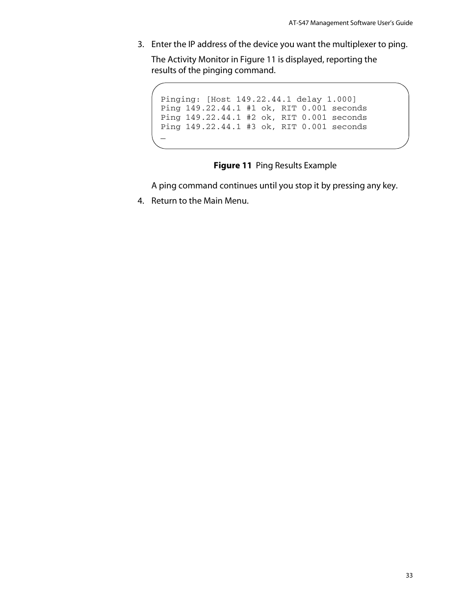 Figure 11: ping results example | Allied Telesis AT-S47 User Manual | Page 33 / 154