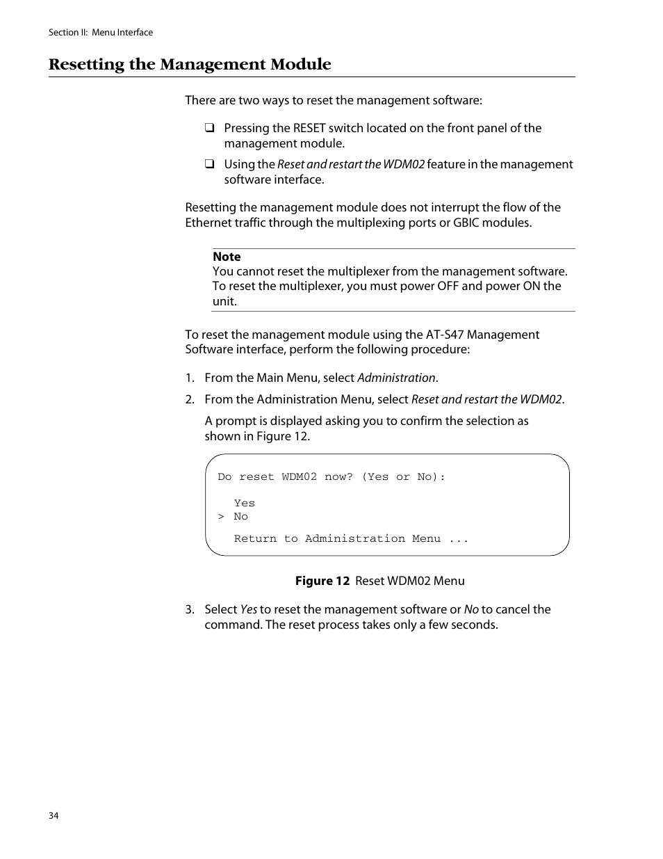 Resetting the management module, Figure 12: reset wdm02 menu | Allied Telesis AT-S47 User Manual | Page 34 / 154