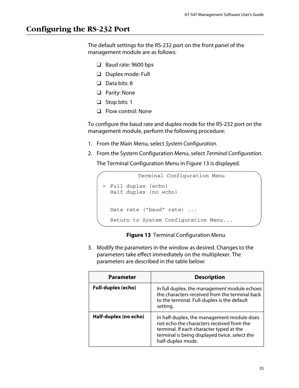 Configuring the rs-232 port, Figure 13: terminal configuration menu | Allied Telesis AT-S47 User Manual | Page 35 / 154