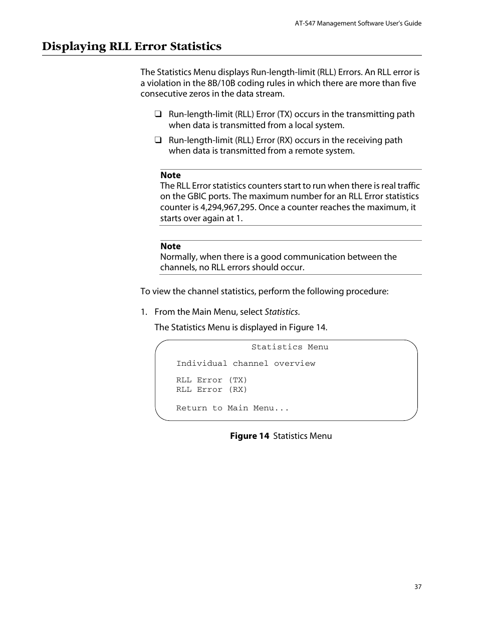 Displaying rll error statistics, Figure 14: statistics menu | Allied Telesis AT-S47 User Manual | Page 37 / 154