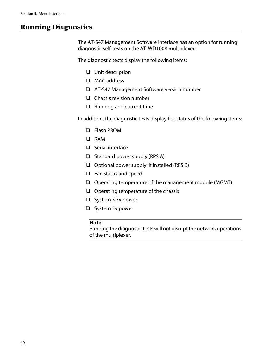 Running diagnostics | Allied Telesis AT-S47 User Manual | Page 40 / 154