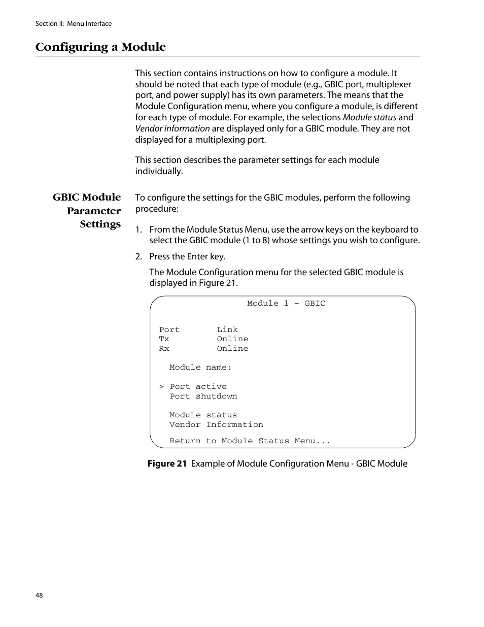 Configuring a module, Gbic module parameter settings | Allied Telesis AT-S47 User Manual | Page 48 / 154