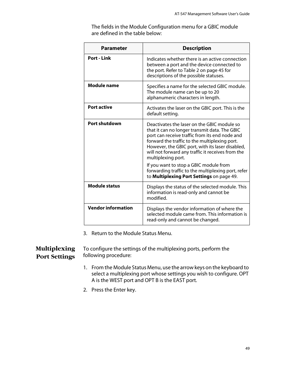 Multiplexing port settings | Allied Telesis AT-S47 User Manual | Page 49 / 154