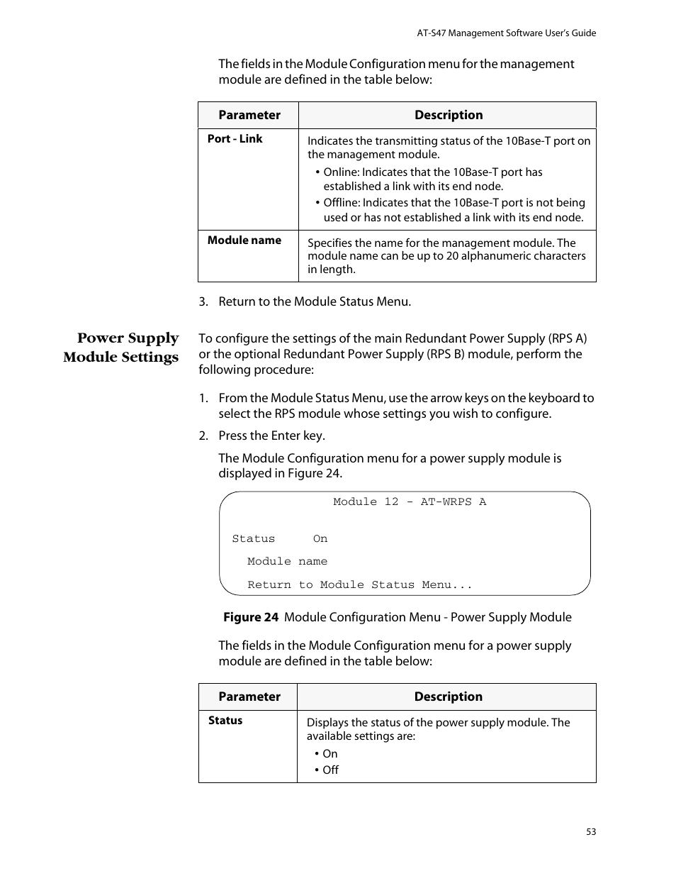 Power supply module settings | Allied Telesis AT-S47 User Manual | Page 53 / 154