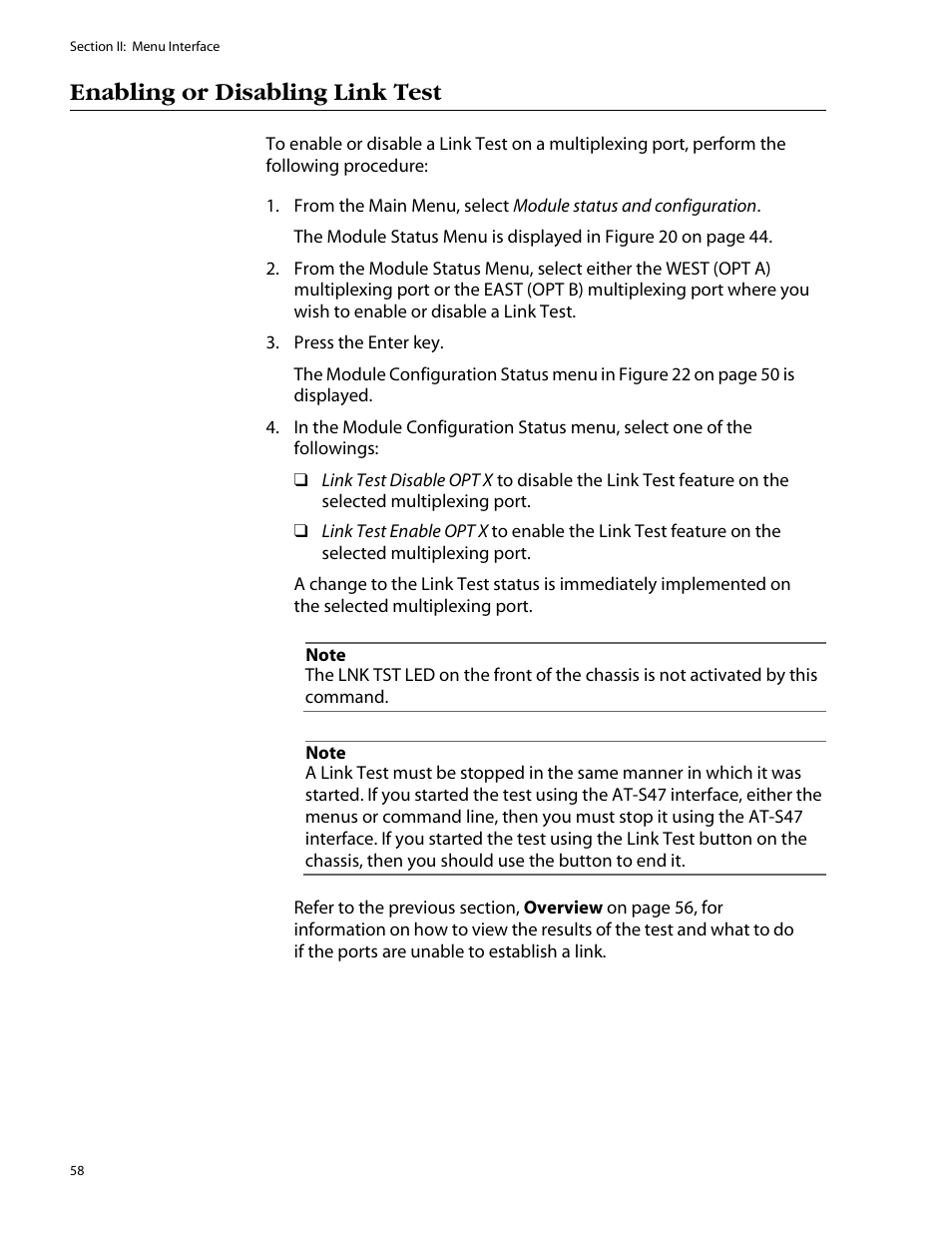 Enabling or disabling link test | Allied Telesis AT-S47 User Manual | Page 58 / 154