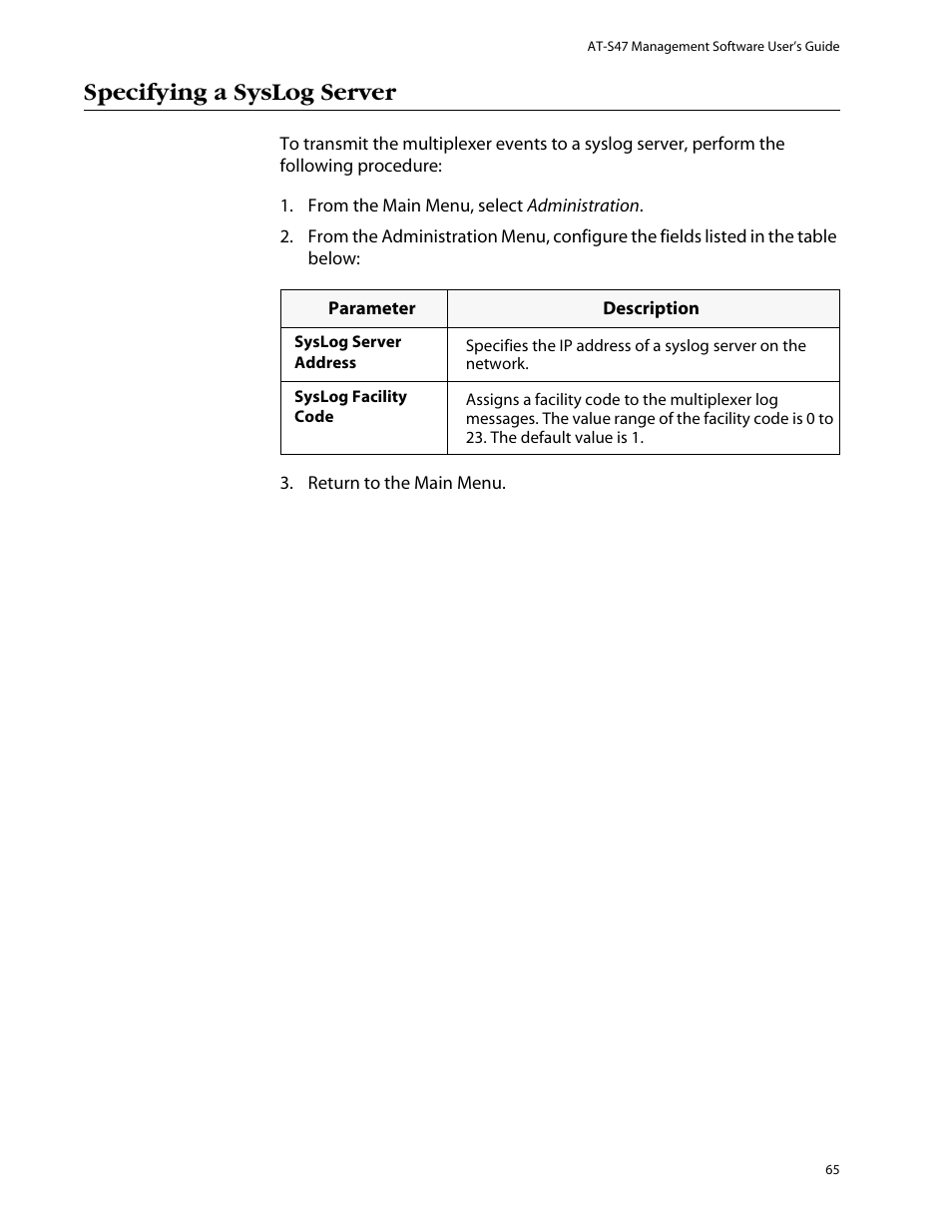 Specifying a syslog server | Allied Telesis AT-S47 User Manual | Page 65 / 154