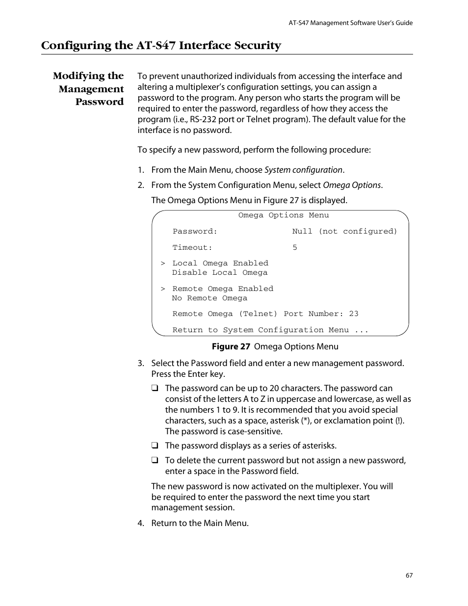 Configuring the at-s47 interface security, Modifying the management password, Figure 27: omega options menu | Allied Telesis AT-S47 User Manual | Page 67 / 154