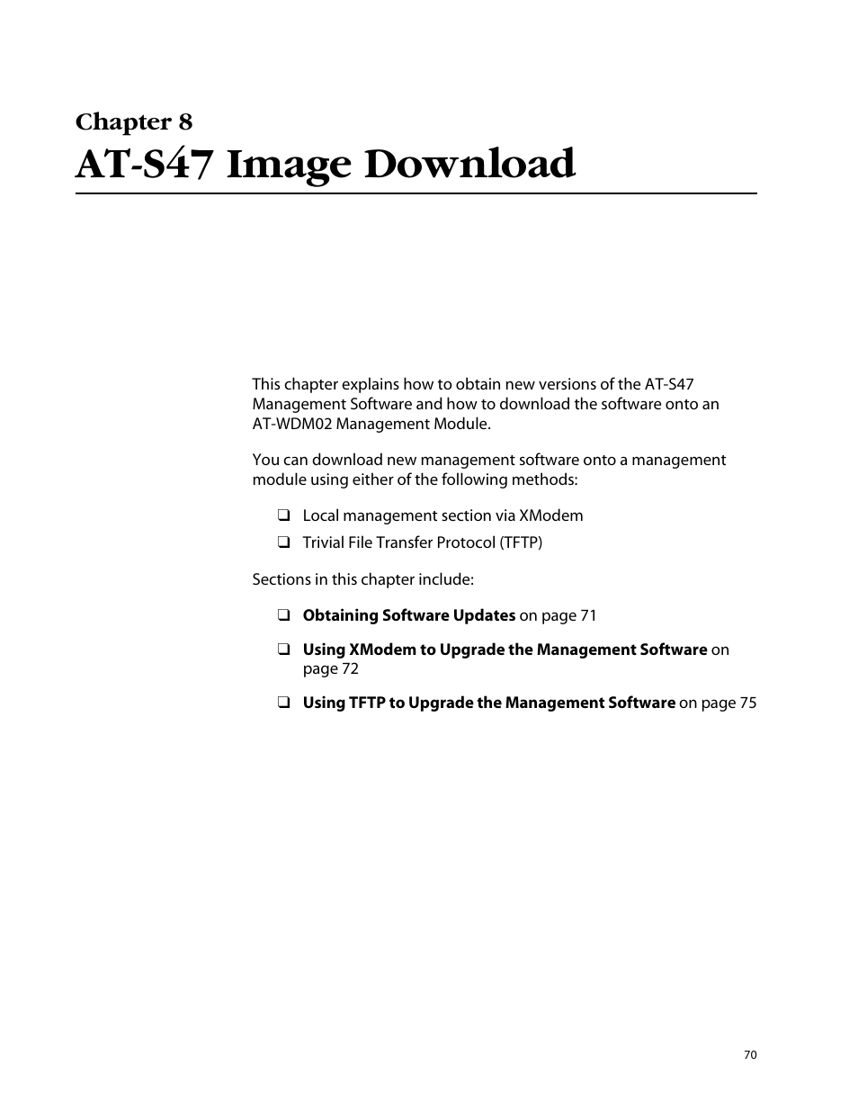 Chapter 8 at-s47 image download, At-s47 image download, Chapter 8 | Allied Telesis AT-S47 User Manual | Page 70 / 154