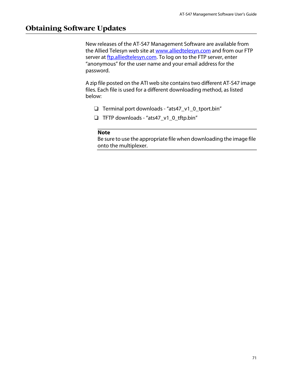 Obtaining software updates | Allied Telesis AT-S47 User Manual | Page 71 / 154