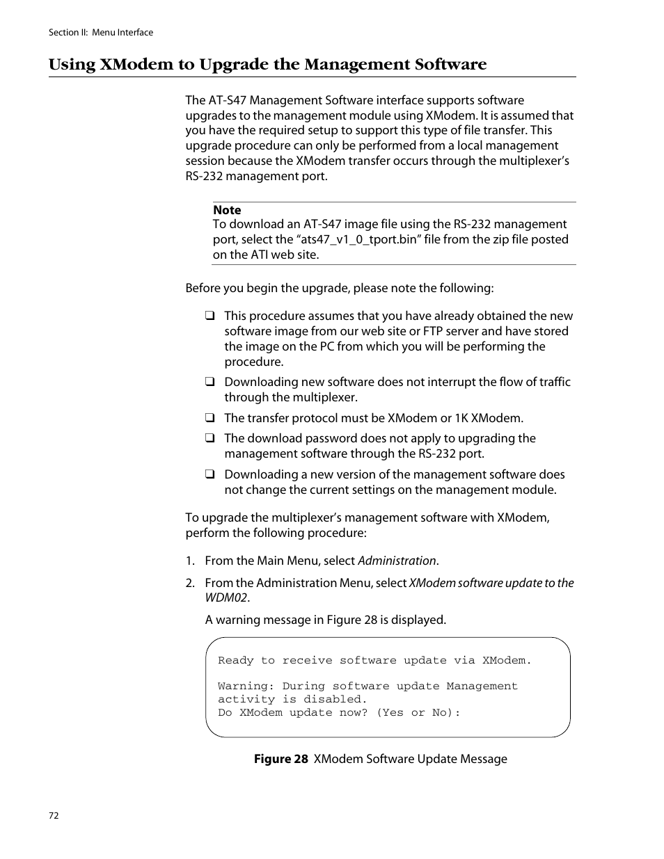 Using xmodem to upgrade the management software, Figure 28: xmodem software update message, Using xmodem to upgrade the management software on | Allied Telesis AT-S47 User Manual | Page 72 / 154
