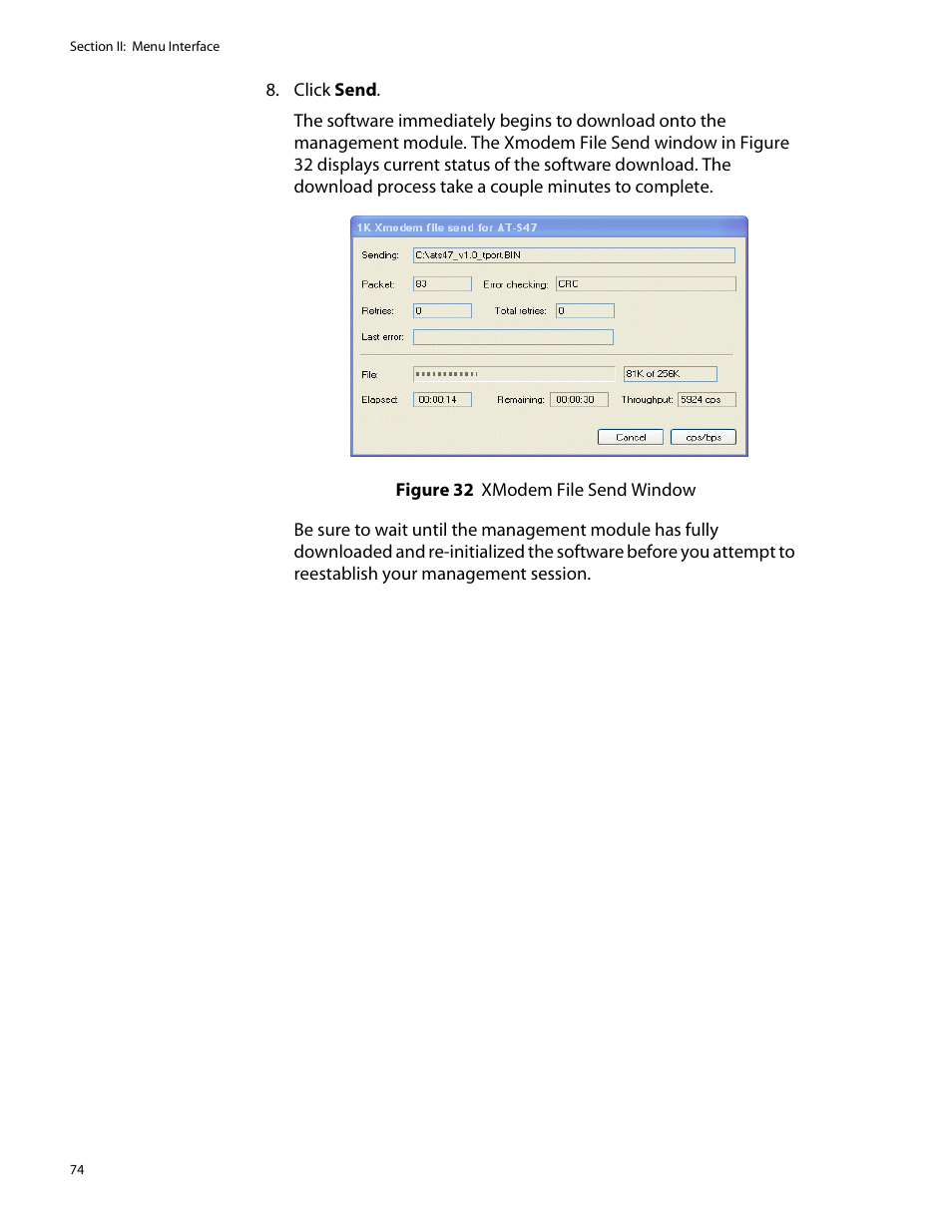 Figure 32: xmodem file send window | Allied Telesis AT-S47 User Manual | Page 74 / 154