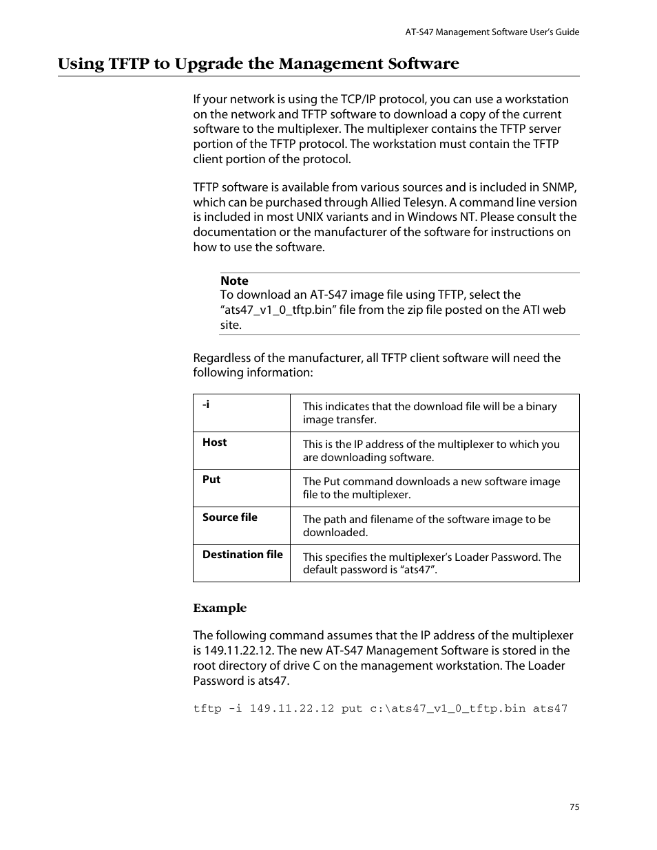 Using tftp to upgrade the management software | Allied Telesis AT-S47 User Manual | Page 75 / 154