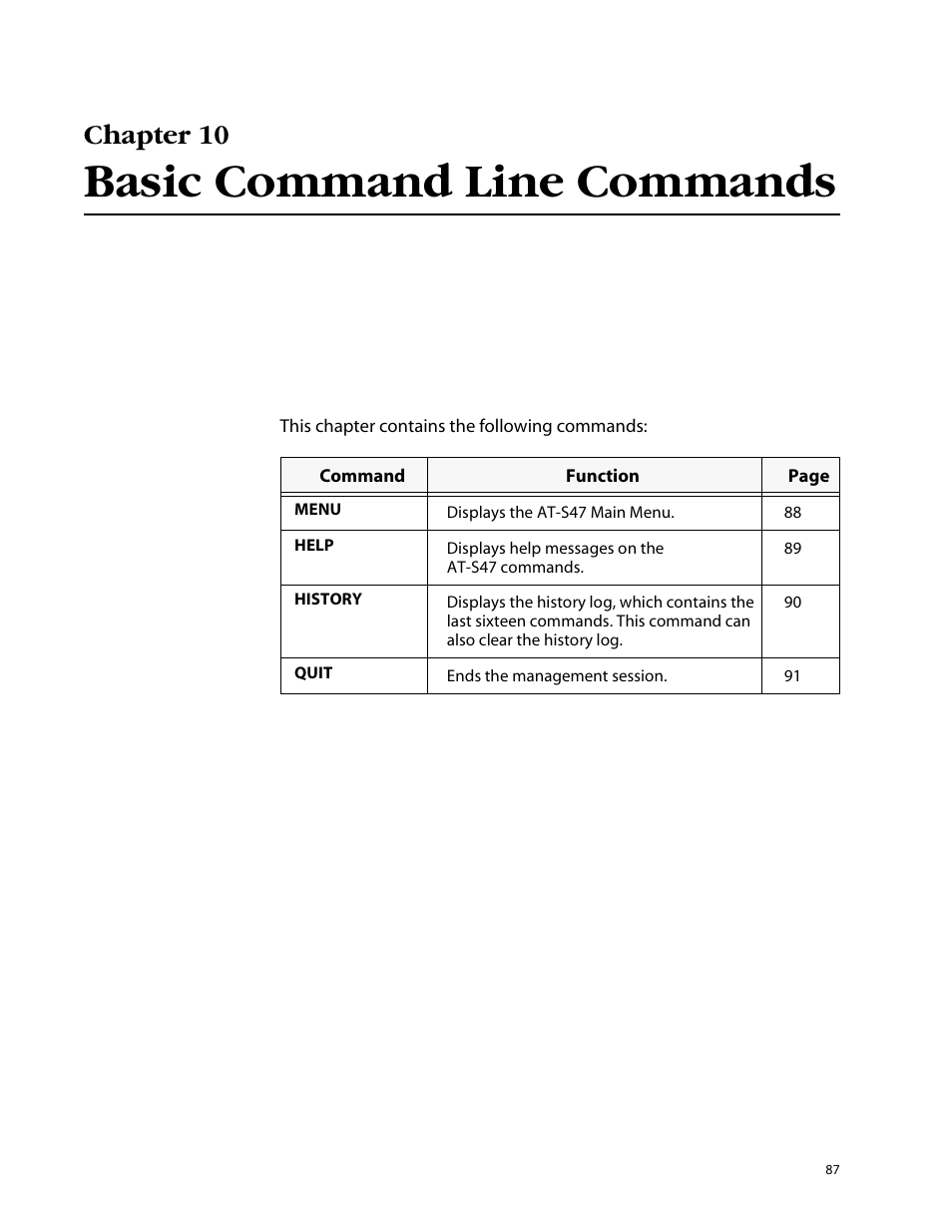 Basic command line commands, Chapter 10 | Allied Telesis AT-S47 User Manual | Page 87 / 154