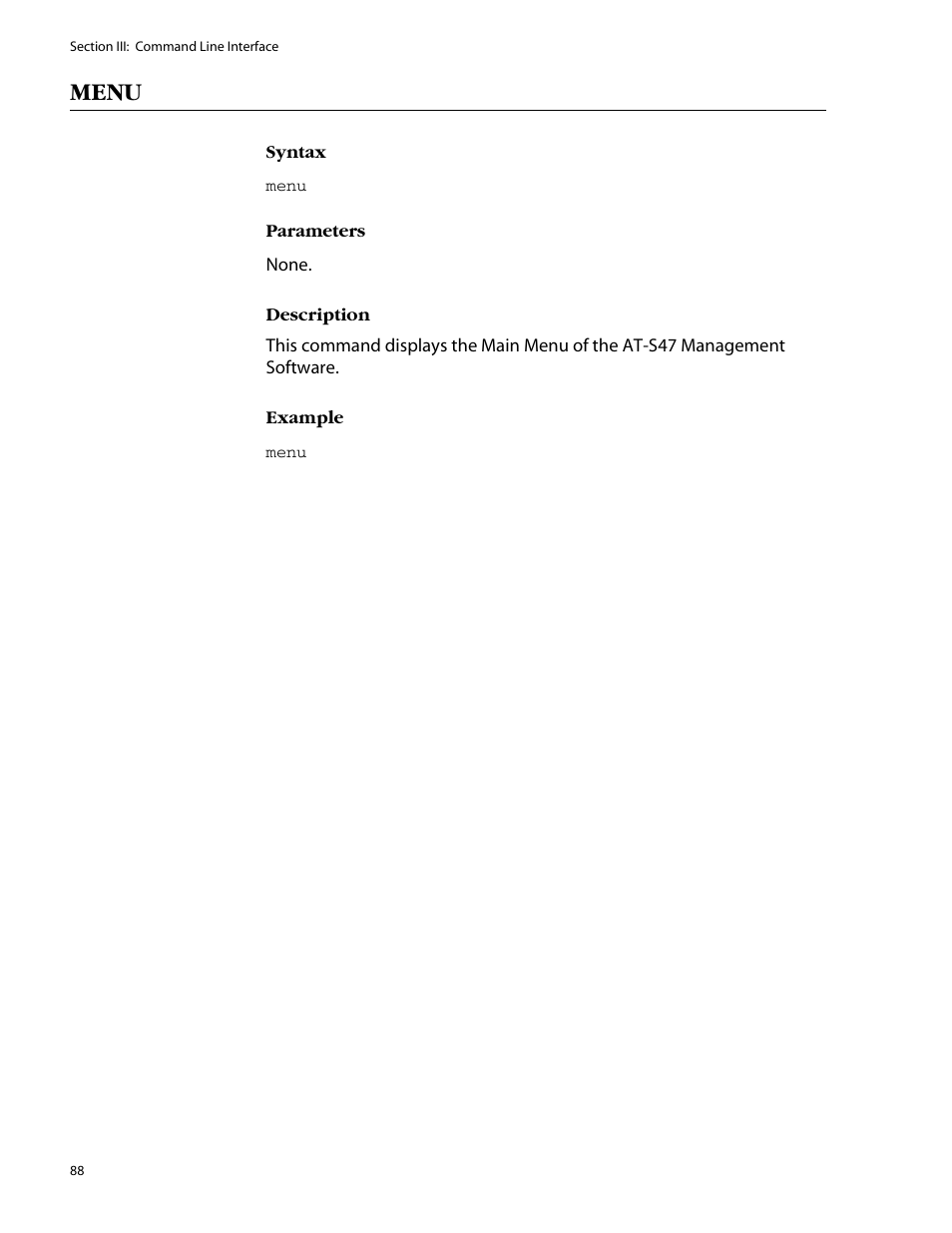 Menu | Allied Telesis AT-S47 User Manual | Page 88 / 154