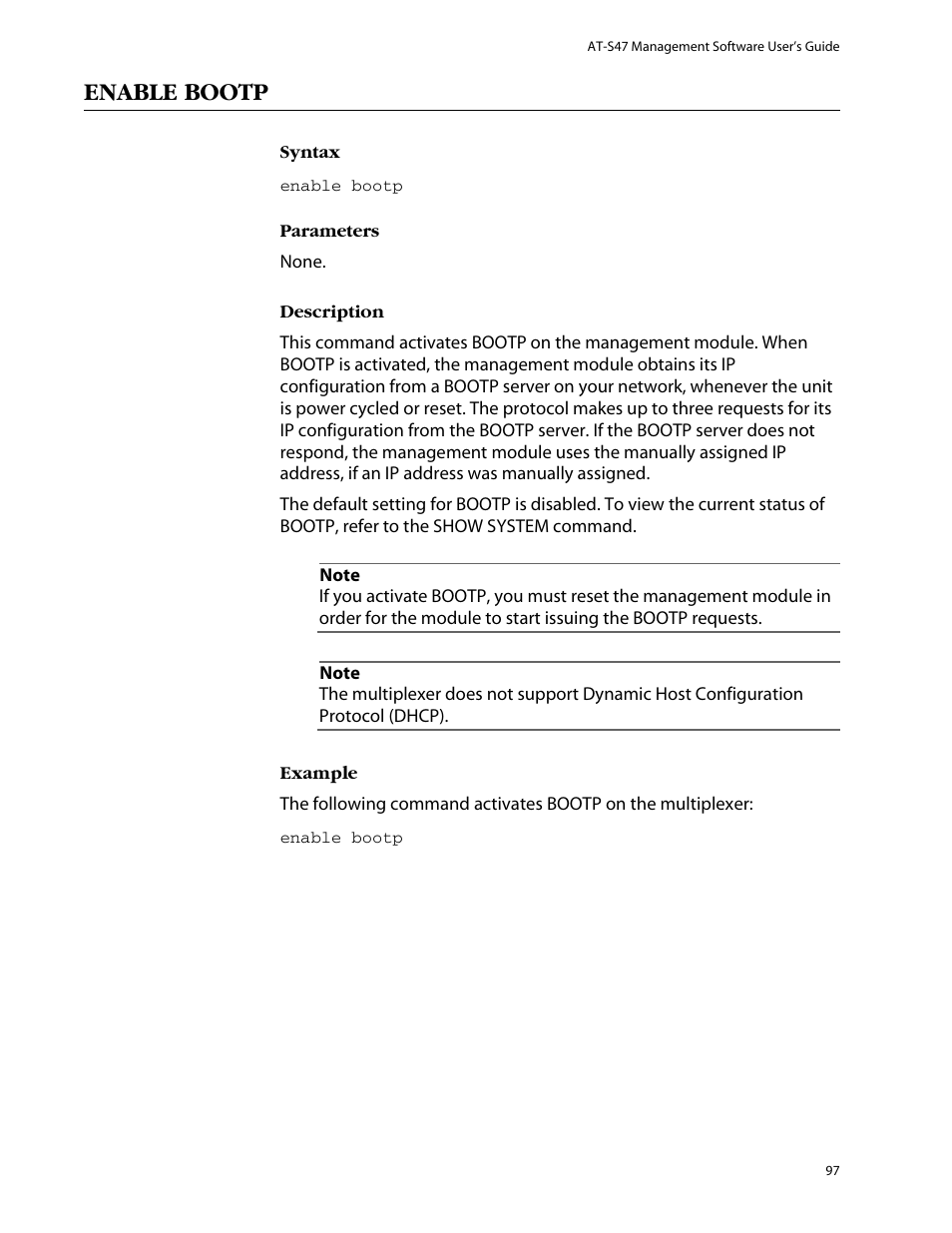 Enable bootp | Allied Telesis AT-S47 User Manual | Page 97 / 154