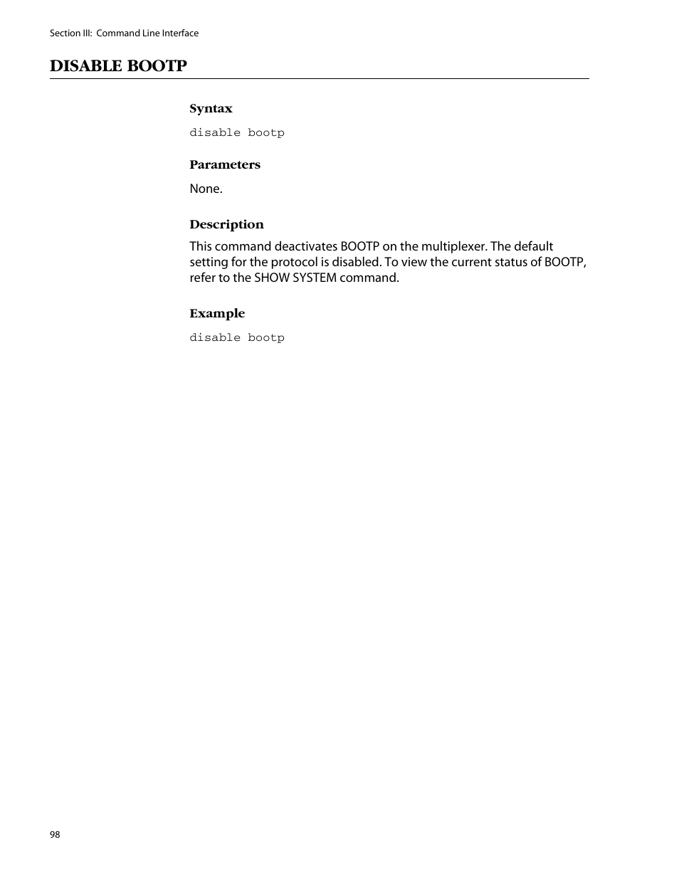 Disable bootp | Allied Telesis AT-S47 User Manual | Page 98 / 154