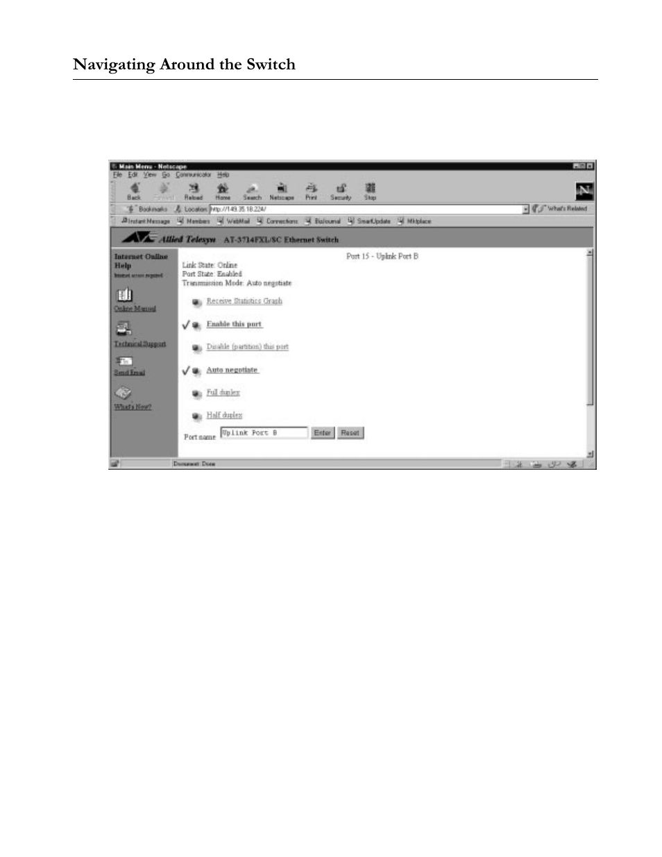 Navigating around the switch, Figure31 port 15 settings, Navigating around the switch -3 | 1dyljdwlqj#$urxqg#wkh#6zlwfk | Allied Telesis AT-S20 User Manual | Page 29 / 124