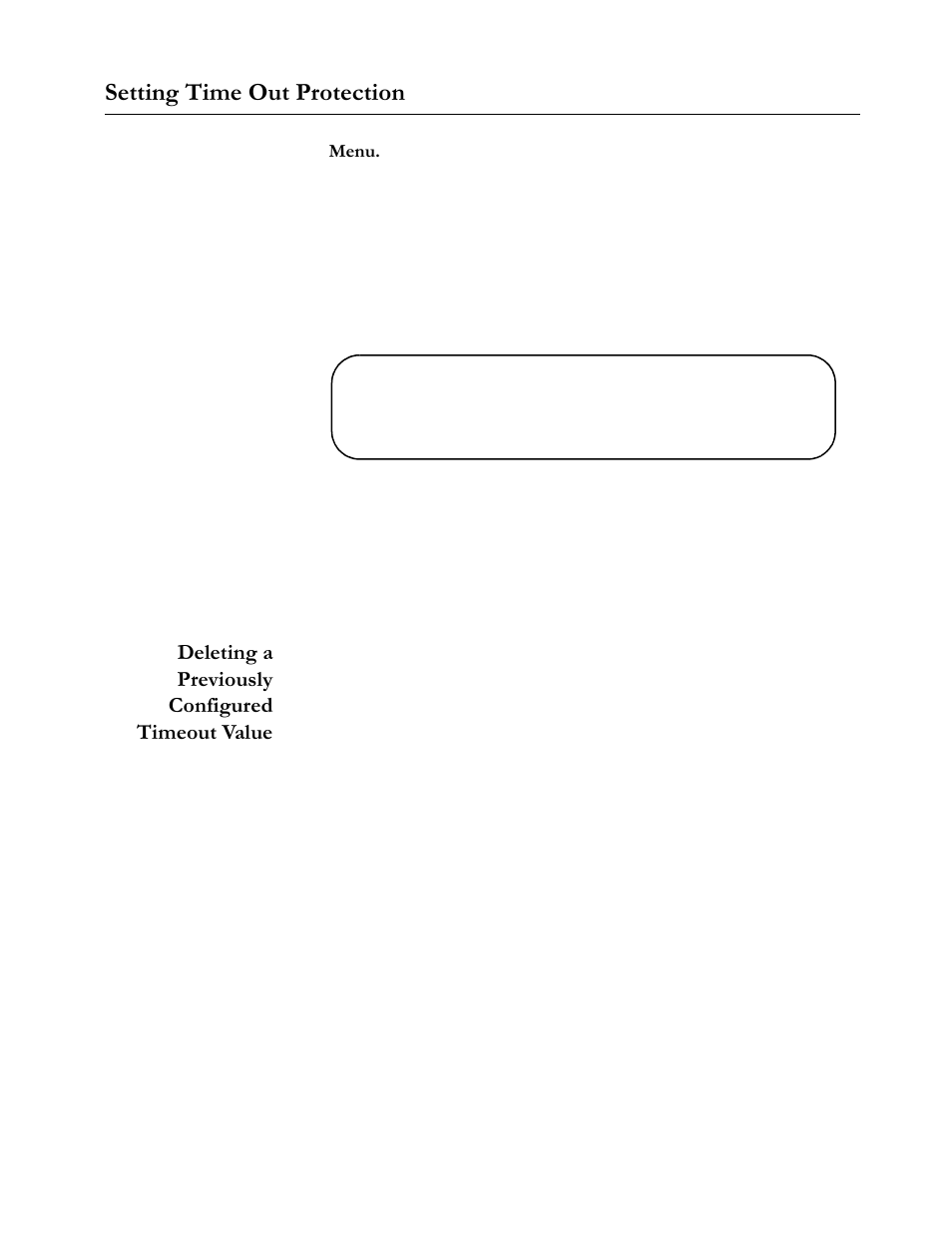 Setting time out protection, Menu, Select system administration> omega options | Deleting a previously configured timeout value, Setting time out protection -21, Deleting a previously configured timeout value -21, 6hwwlqj#7lph#2xw#3urwhfwlrq | Allied Telesis AT-S20 User Manual | Page 51 / 124