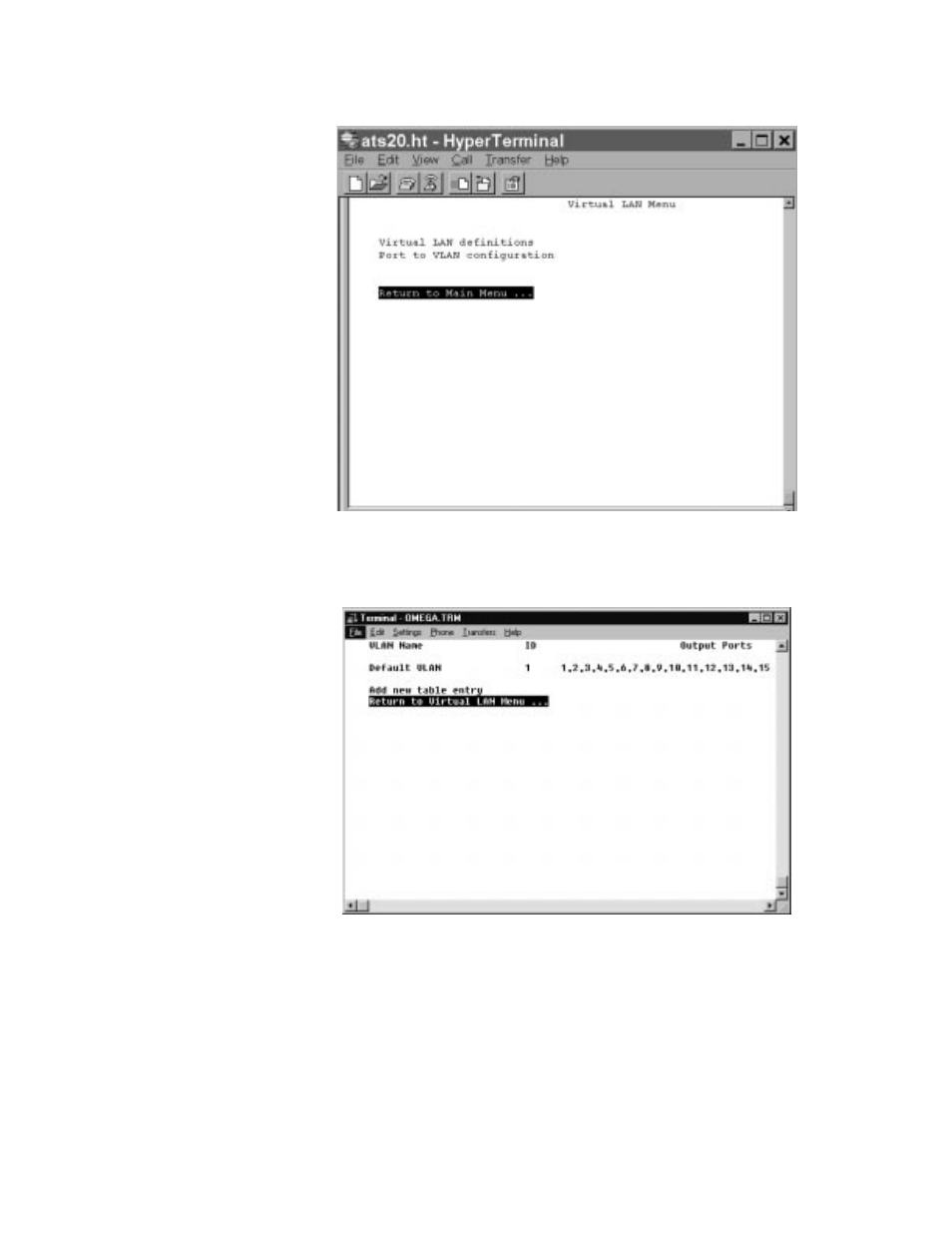 Figure54 virtual lan main menu, Figure55 default vlan menu | Allied Telesis AT-S20 User Manual | Page 70 / 124