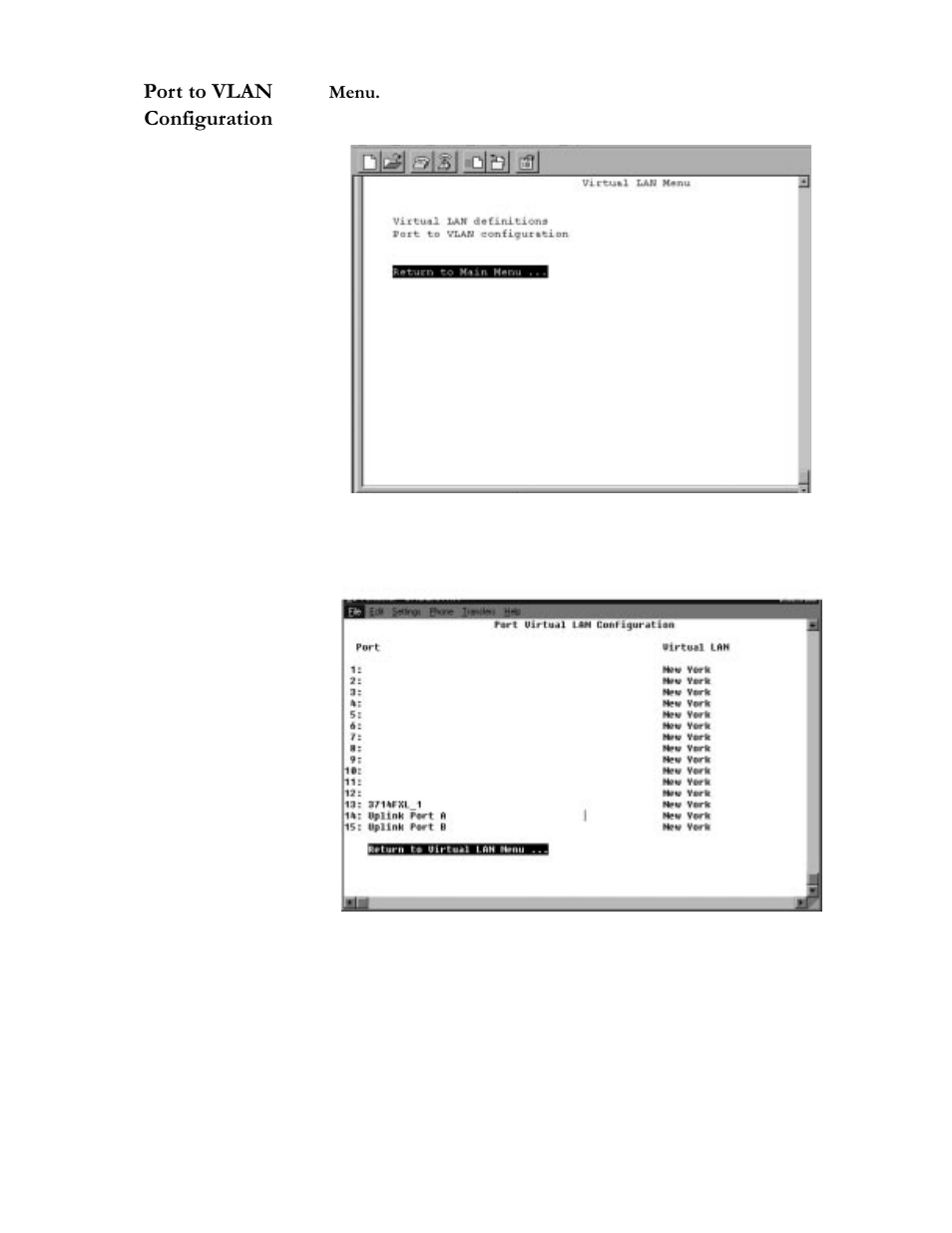 Port to vlan configuration, Menu, Select port to vlan configuration | Figure58 virtual lan menu, Figure59 port-to-vlan configuration, Port to vlan configuration -9 | Allied Telesis AT-S20 User Manual | Page 73 / 124