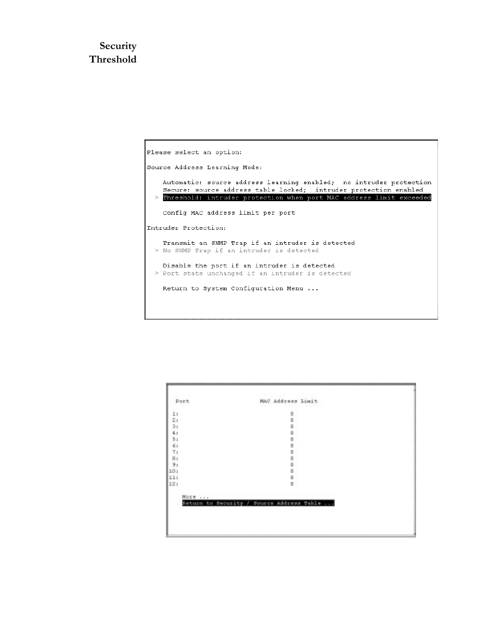Security threshold, Figure613 security threshold, Figure614 configure mac address limit | Security threshold -15 | Allied Telesis AT-S20 User Manual | Page 89 / 124
