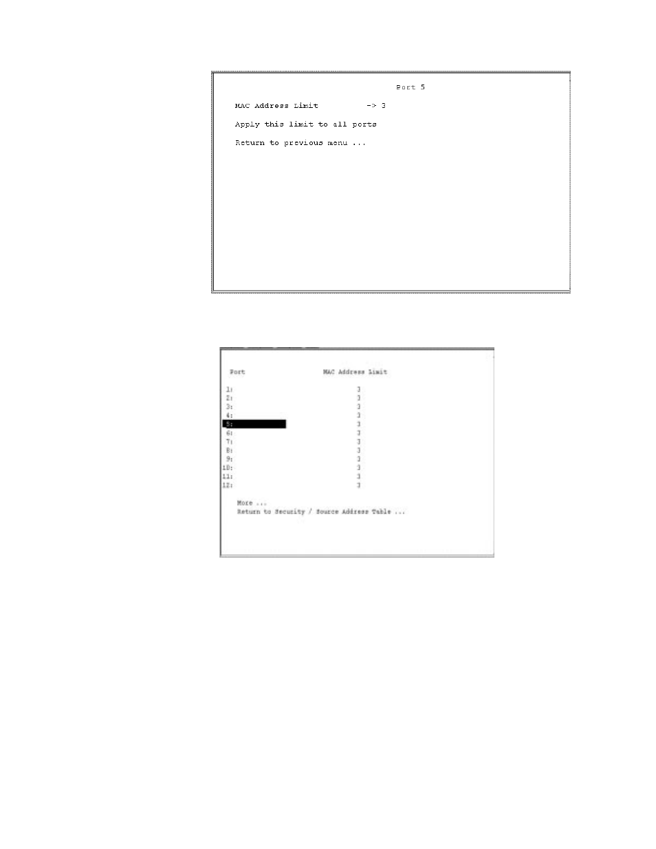 Figure615 mac address limit on port 5, Figure616 mac address limit on all ports | Allied Telesis AT-S20 User Manual | Page 90 / 124