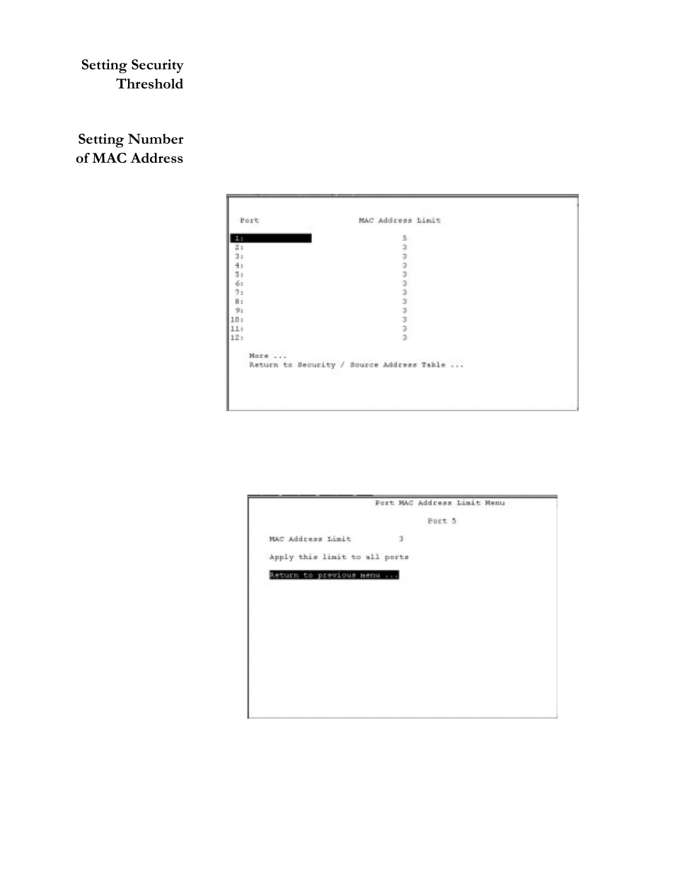 Setting security threshold, Setting number of mac address, Figure621 mac address limit on port 5 | Allied Telesis AT-S20 User Manual | Page 94 / 124