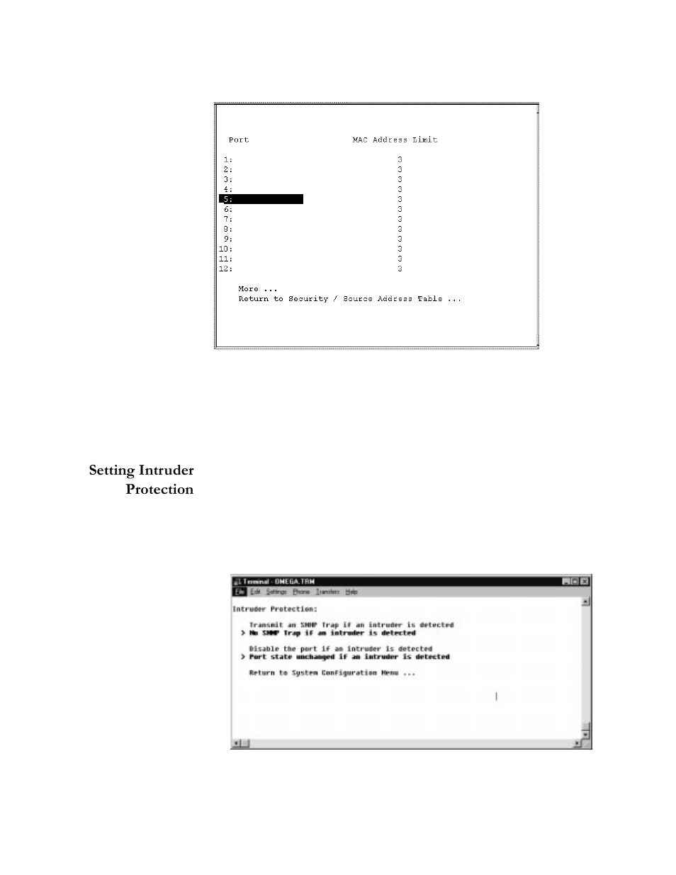 Figure622 mac address limit on all ports, Setting intruder protection, Figure623 intruder protection | Setting intruder protection -21 | Allied Telesis AT-S20 User Manual | Page 95 / 124