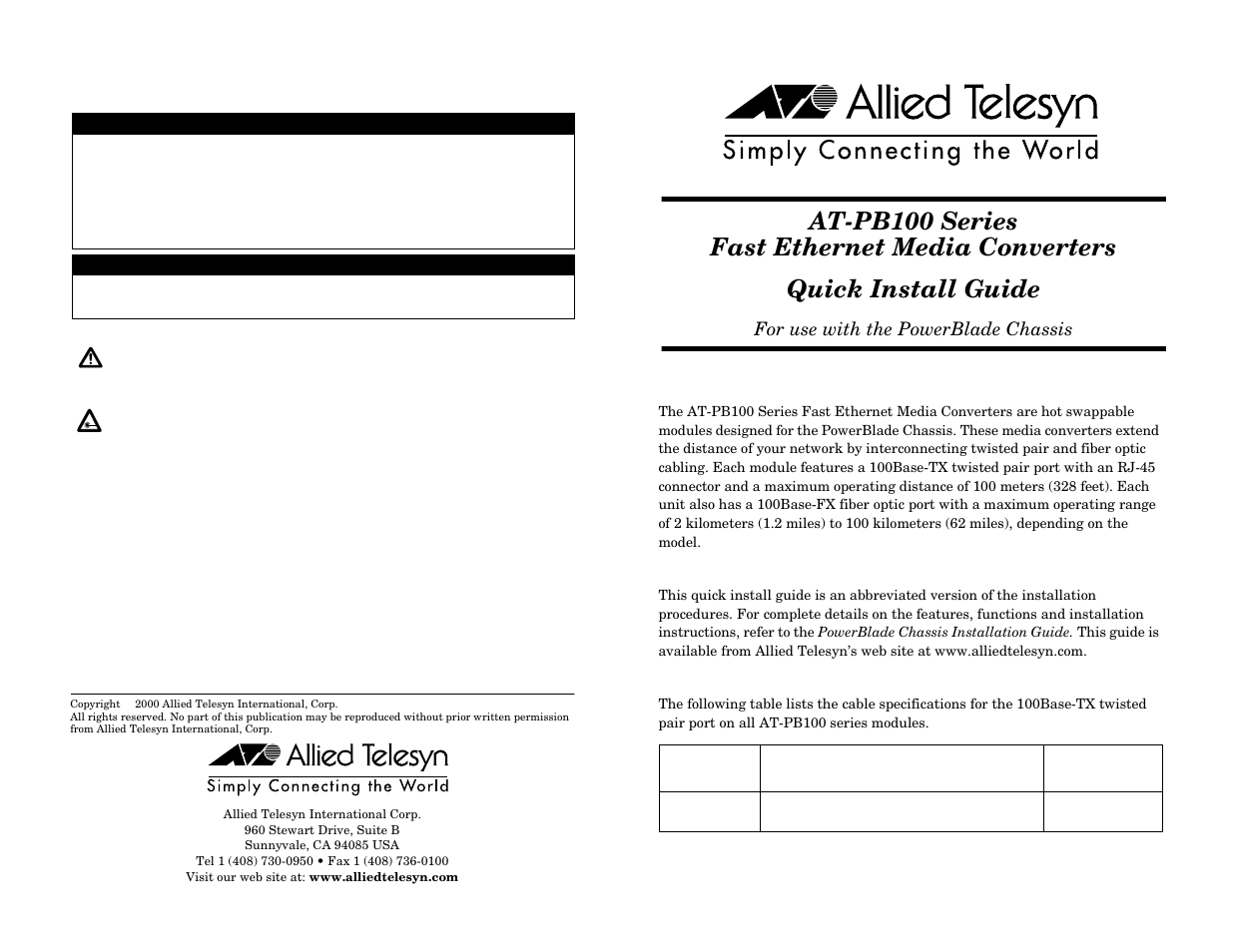 Allied Telesis AT-PB100 Series User Manual | 2 pages