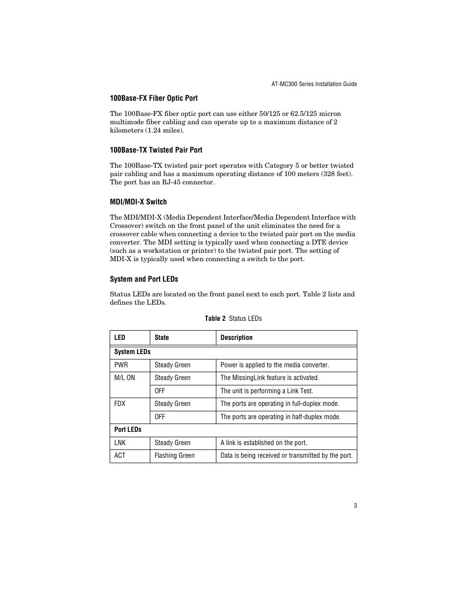 100base-fx fiber optic port, 100base-tx twisted pair port, Mdi/mdi-x switch | System and port leds | Allied Telesis AT-MC303 User Manual | Page 13 / 46