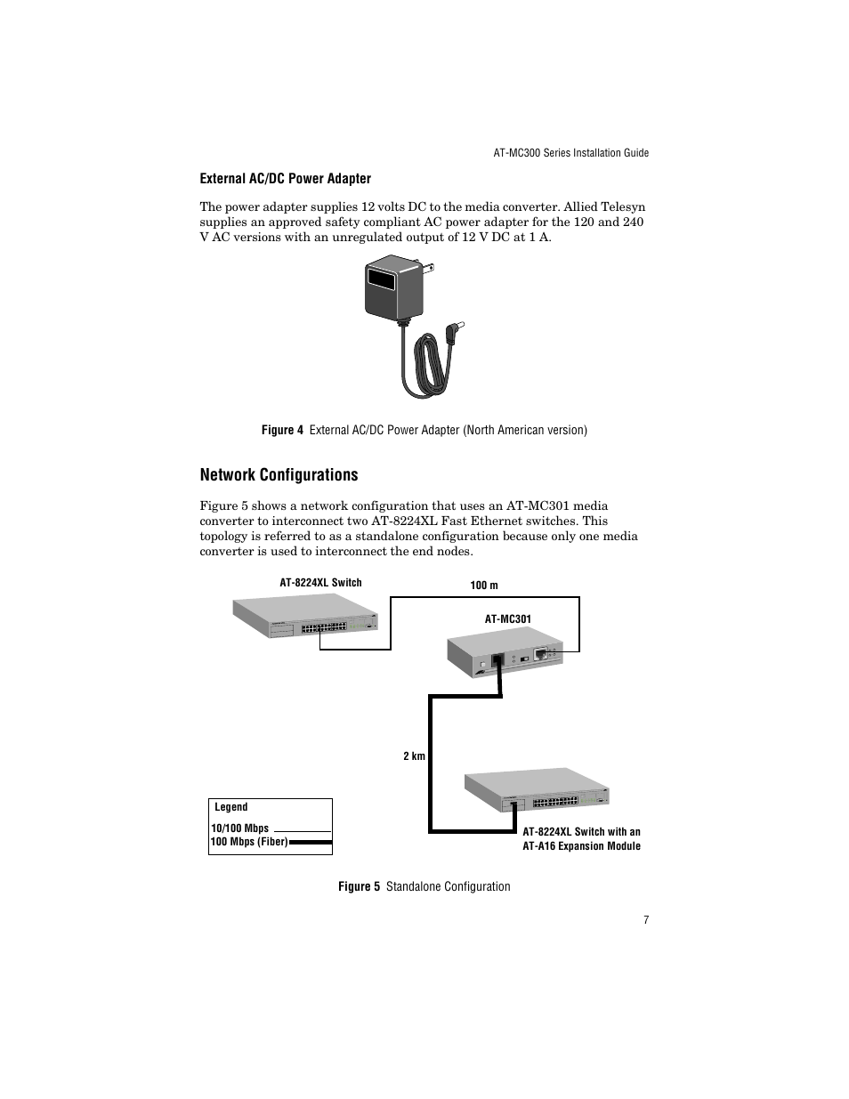 External ac/dc power adapter, Network configurations | Allied Telesis AT-MC303 User Manual | Page 17 / 46