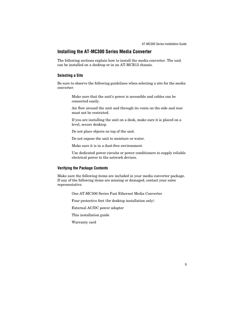 Installing the at-mc300 series media converter, Selecting a site, Verifying the package contents | Selecting a site verifying the package contents | Allied Telesis AT-MC303 User Manual | Page 19 / 46