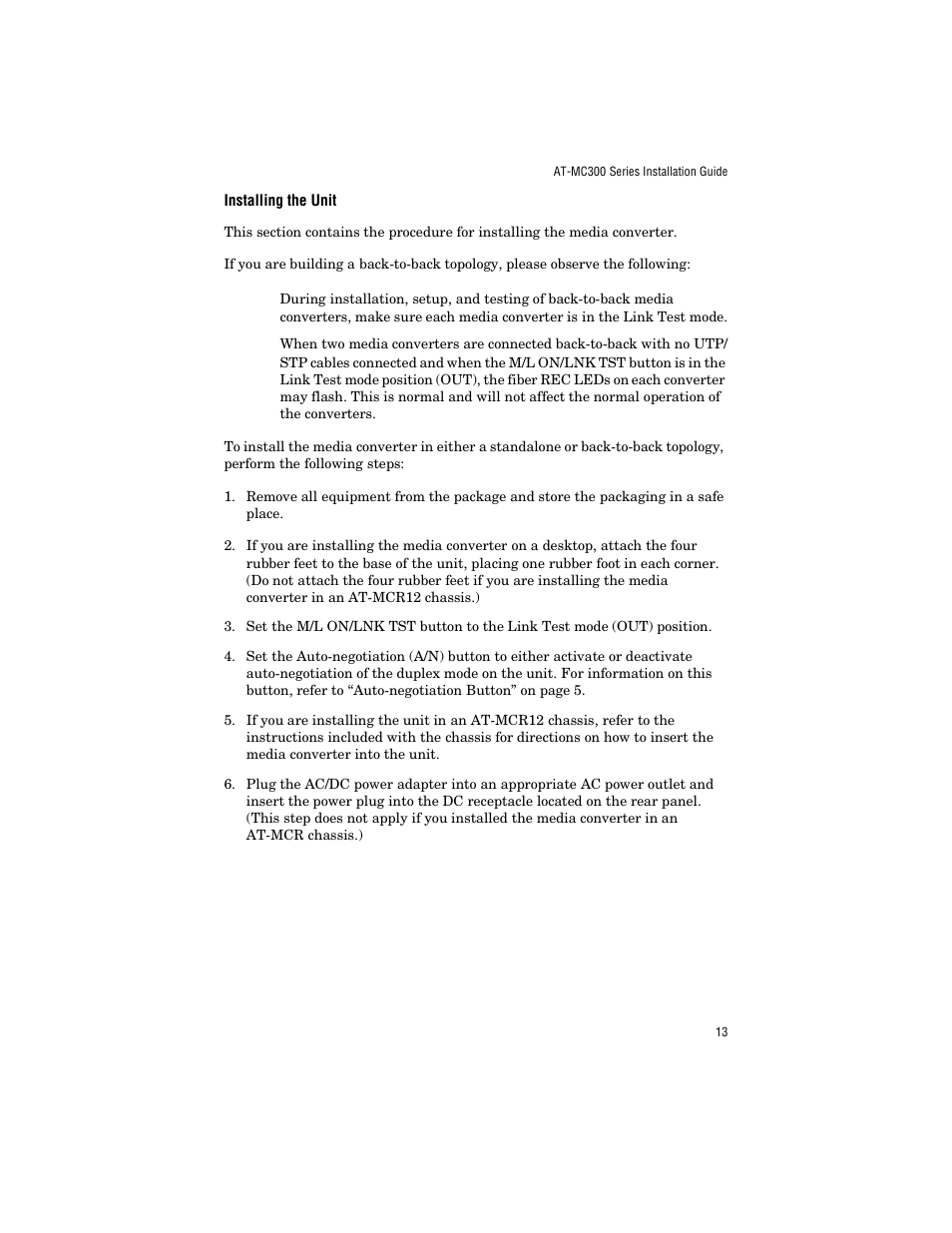 Installing the unit | Allied Telesis AT-MC303 User Manual | Page 23 / 46