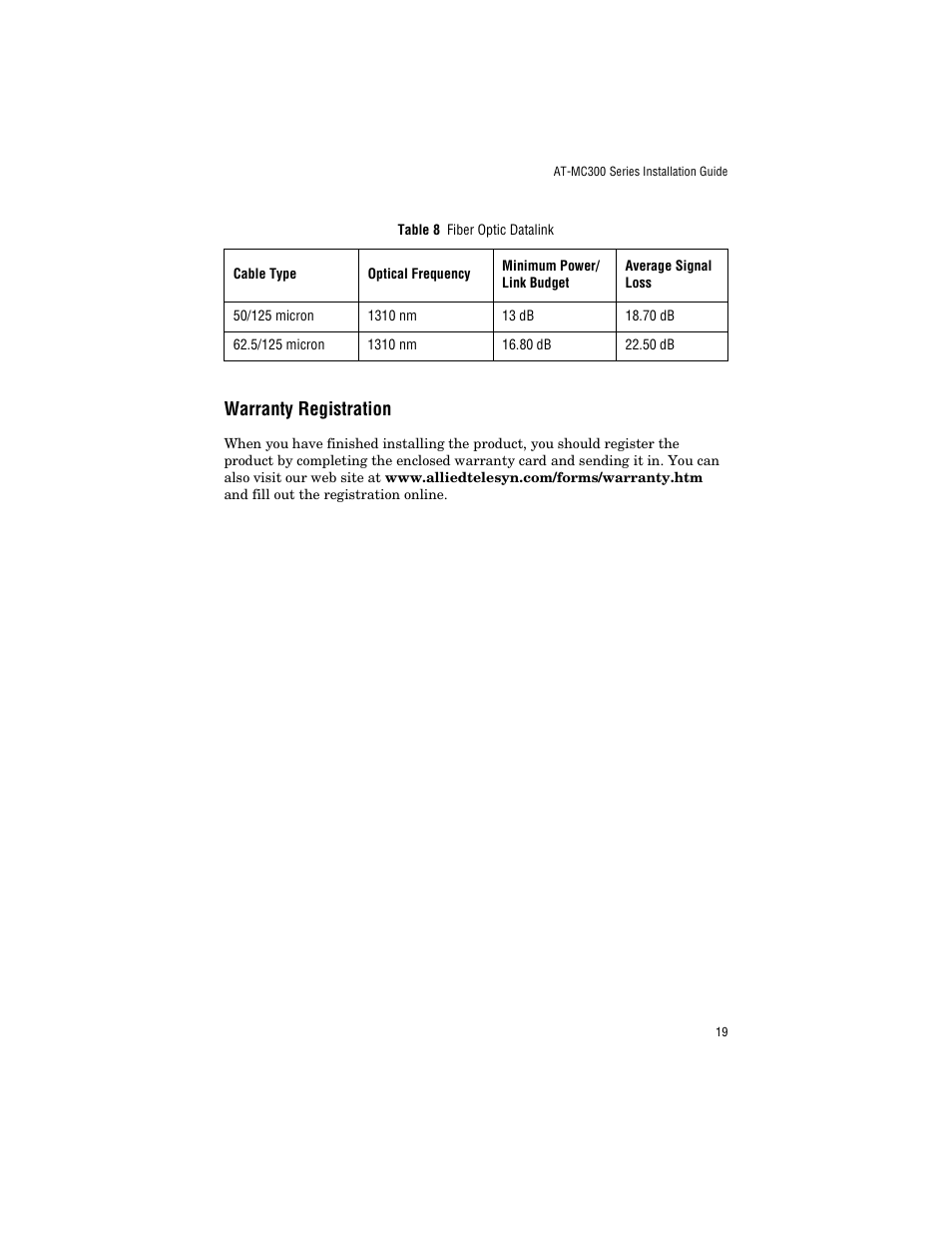 Warranty registration | Allied Telesis AT-MC303 User Manual | Page 29 / 46