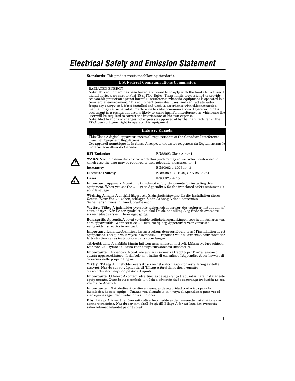 Electrical safety and emission statement | Allied Telesis AT-MC303 User Manual | Page 3 / 46