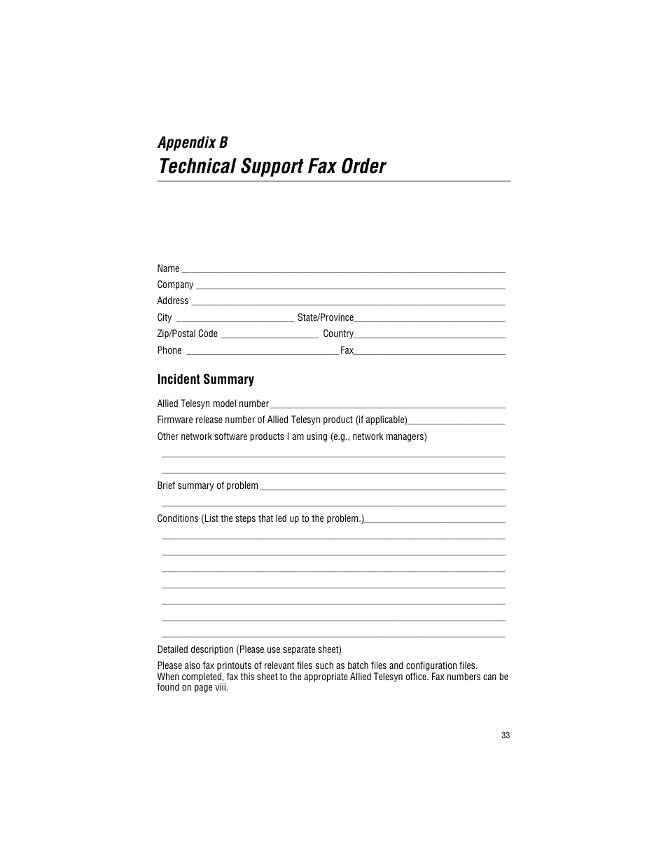 Appendix b, Technical support fax order, Incident summary | Allied Telesis AT-MC303 User Manual | Page 43 / 46