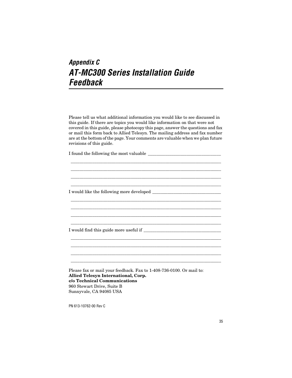 Appendix c, At-mc300 series installation guide feedback | Allied Telesis AT-MC303 User Manual | Page 45 / 46