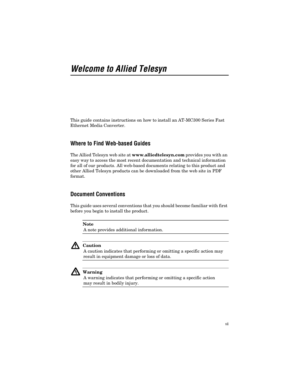 Welcome to allied telesyn, Where to find web-based guides, Document conventions | Allied Telesis AT-MC303 User Manual | Page 7 / 46