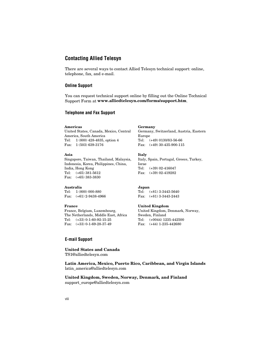 Contacting allied telesyn, Online support, Telephone and fax support | E-mail support | Allied Telesis AT-MC303 User Manual | Page 8 / 46