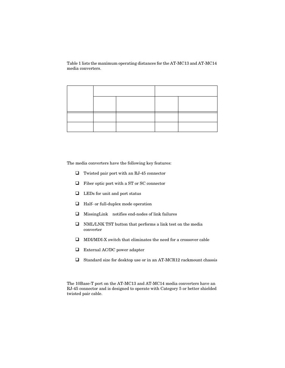 Key features, Twisted pair port, Key features twisted pair port | Allied Telesis AT-MC14 User Manual | Page 12 / 44