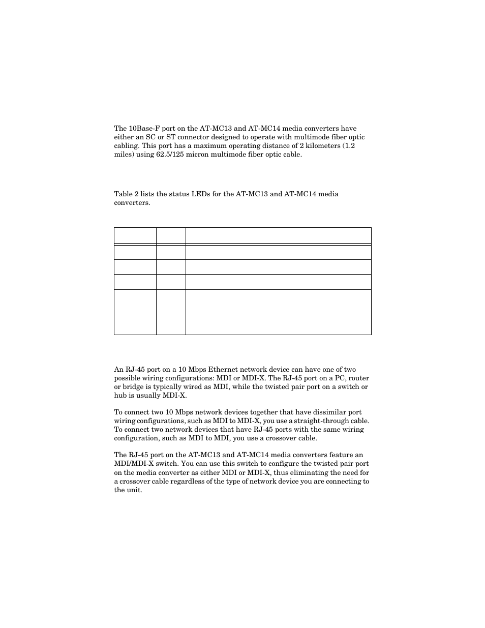 Fiber optic port, Status leds, Mdi/mdi-x switch | Fiber optic port status leds mdi/mdi-x switch | Allied Telesis AT-MC14 User Manual | Page 13 / 44
